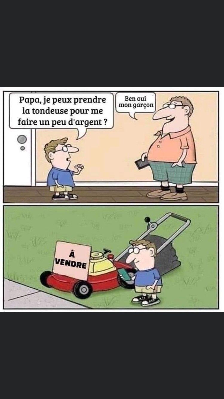 Un enfant demande à son père : 
-"papa, je peux prendre la tondeuse pour me faire un peu d'argent ?"
-"bien oui mon garçon "
Sur la deuxième image, on voit le garçon avec la tondeuse sur laquelle il est indiqué "à vendre"