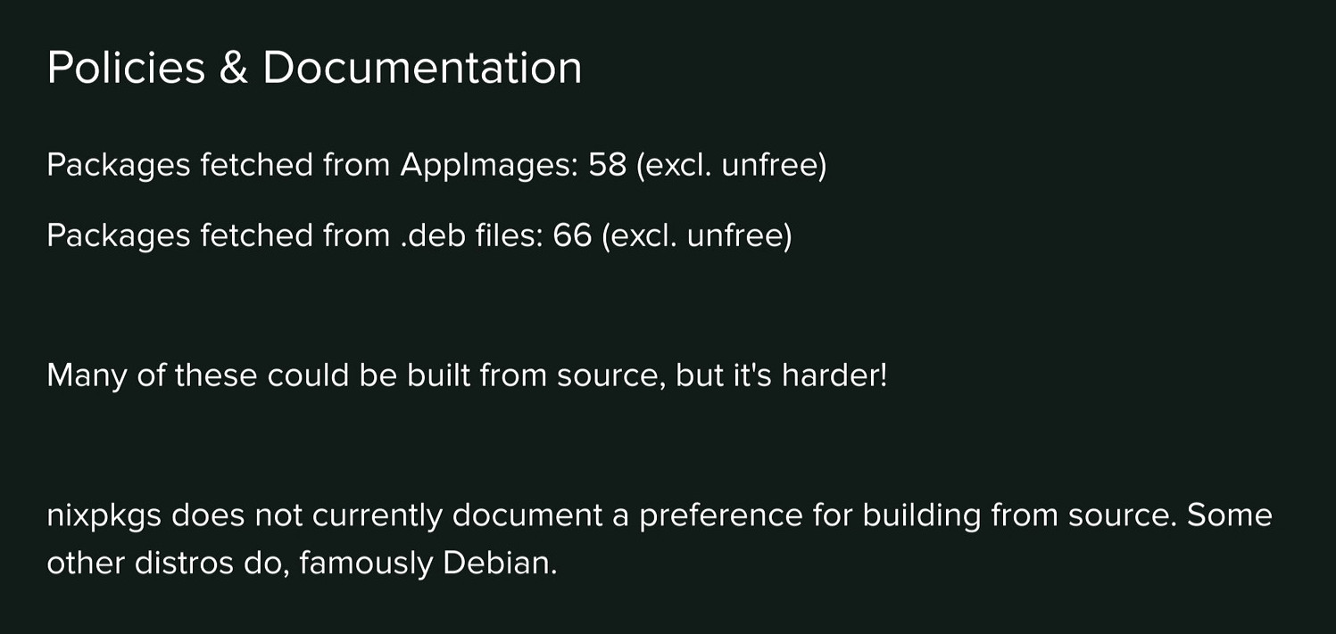 Slide showing that Nixpkgs takes packages from AppImages, .debs, and lacks a policy for building from source.