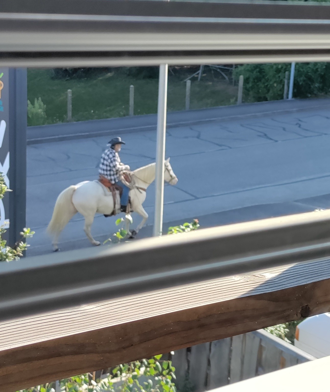 Photo prise depuis derrière un volet, on voit un type habillé en cowboy sur un cheval blanc