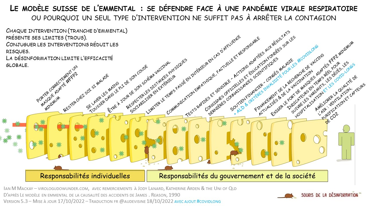 Des tranches d'emmental parallèles figurent les différents filtres permettant de se protéger du Covid-19, des responsabilités individuelles (masques, vaccins, isolement...) jusqu'aux responsabilités relevant de l'Etat et de la société (qualité de l'air, politique de santé publique...). Le virus passe à travers certains trous mais est arrêté par la tranche suivante. Une petite souris de la désinformation grignote le fromage.