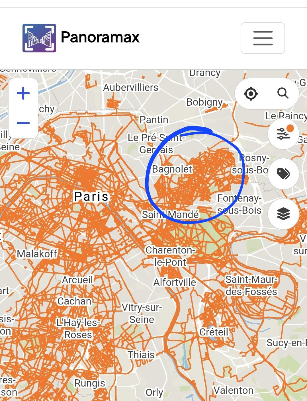 Screen illustrant une carte de Paris et sa petite couronne. En orange les lieux visibles sur Panoramax. J'ai entouré en bleu la ville de Montreuil